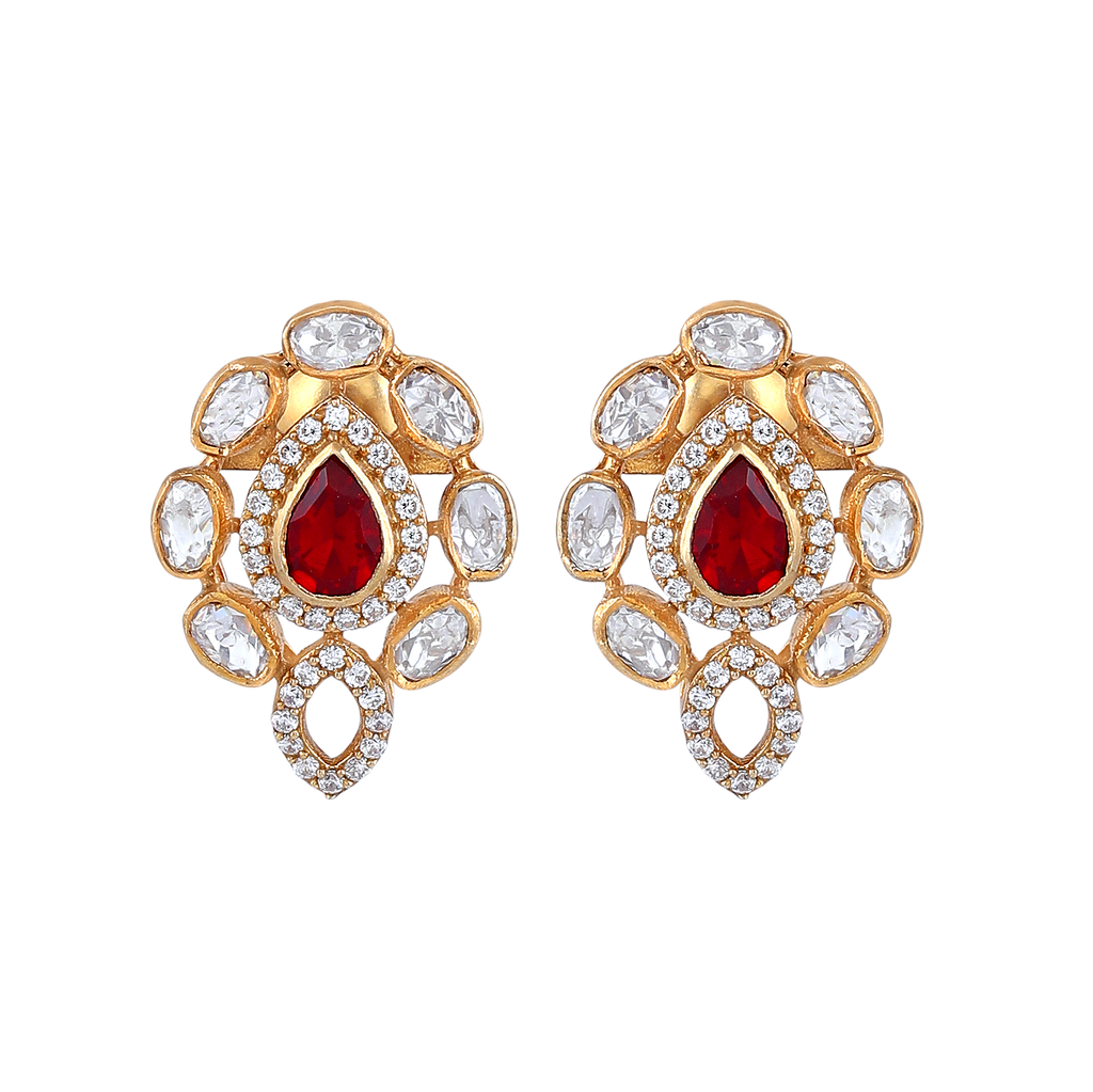 Red Teardrop CZ Silver Polki Pattern Earrings in Gold-Plated