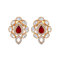 Red Teardrop CZ Silver Polki Pattern Earrings in Gold-Plated