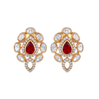 Red Teardrop CZ Silver Polki Pattern Earrings in Gold-Plated