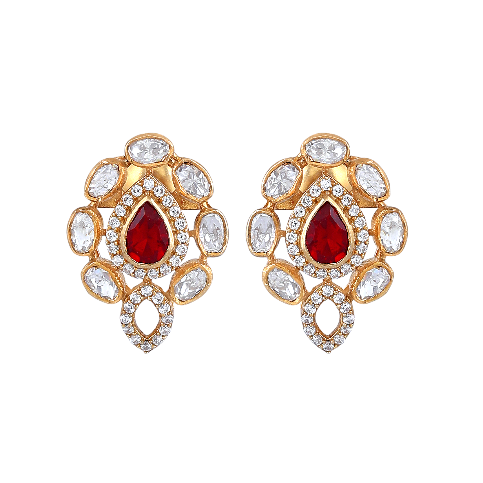 Red Teardrop CZ Silver Polki Pattern Earrings in Gold-Plated