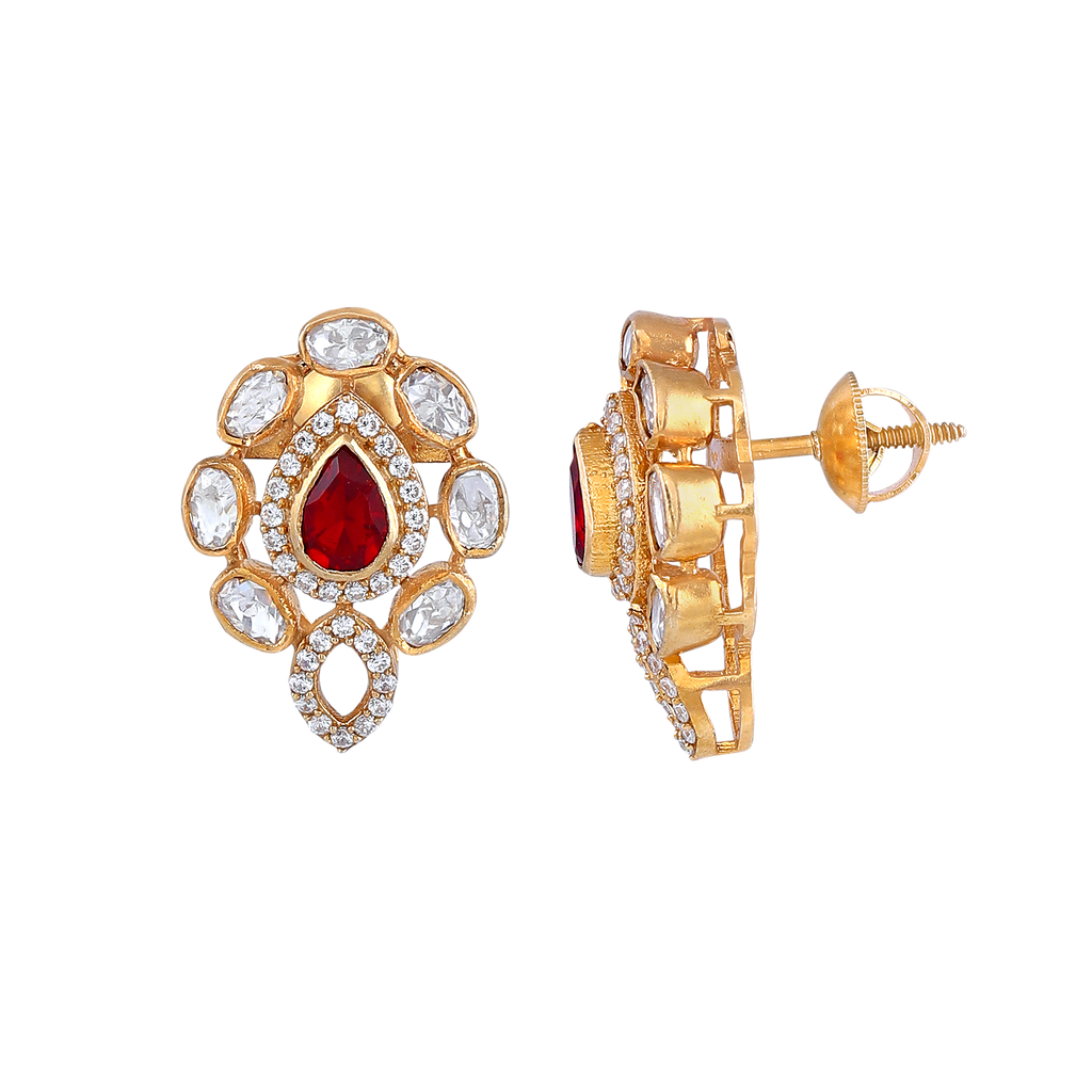 Red Teardrop CZ Silver Polki Pattern Earrings in Gold-Plated