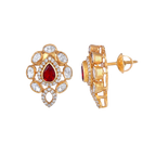 Red Teardrop CZ Silver Polki Pattern Earrings in Gold-Plated