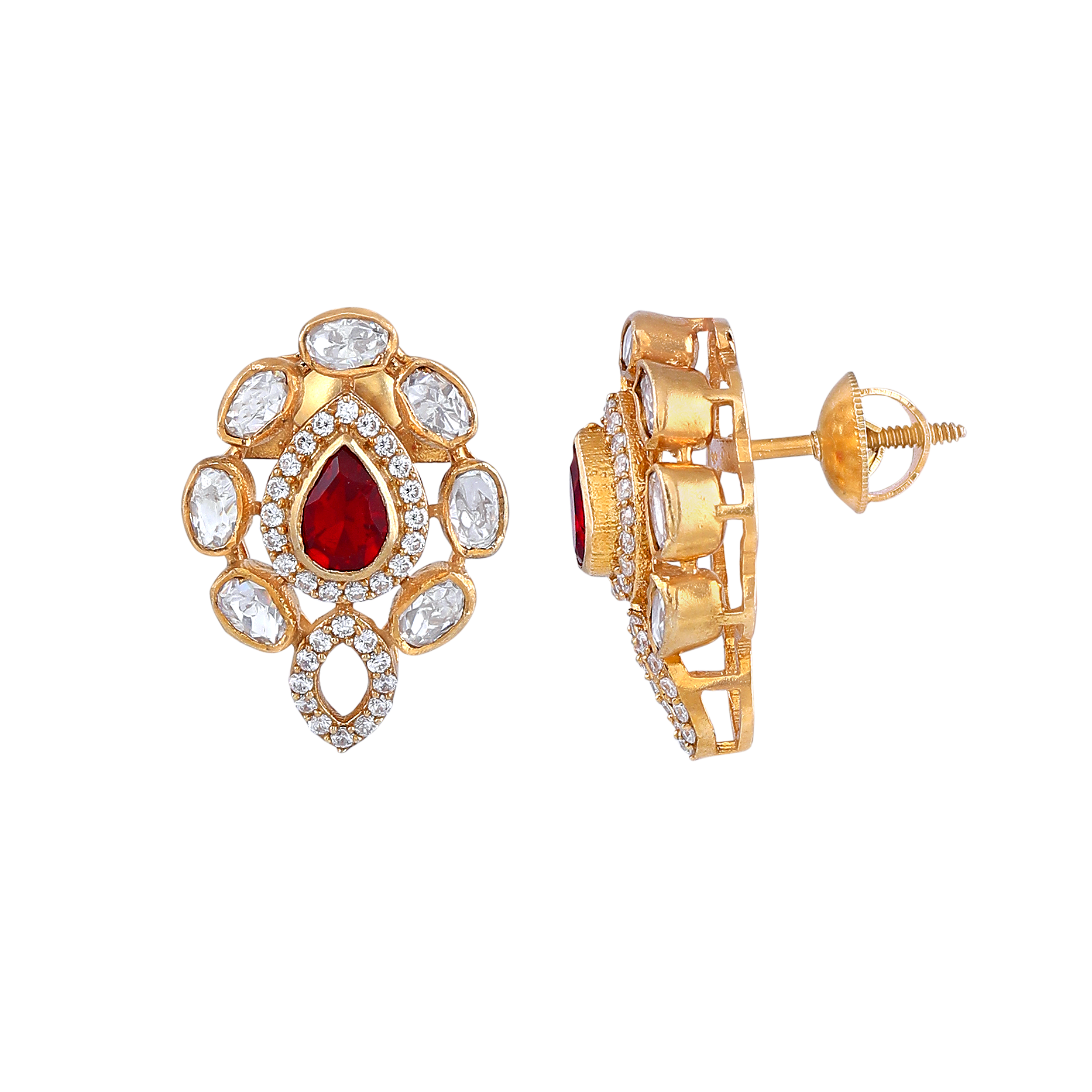 Red Teardrop CZ Silver Polki Pattern Earrings in Gold-Plated