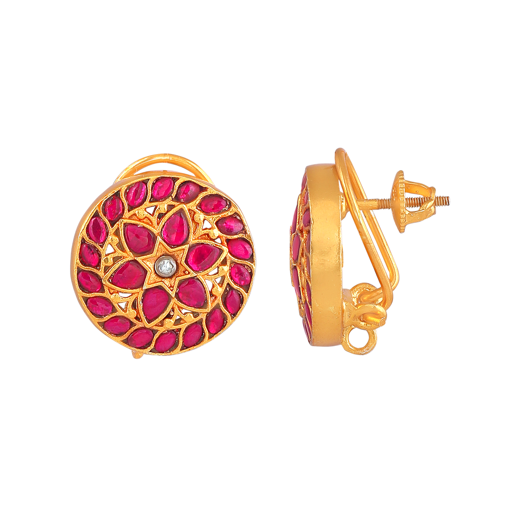 Kundan Pattern Stud Earrings in Gold-Toned 92.5 Silver