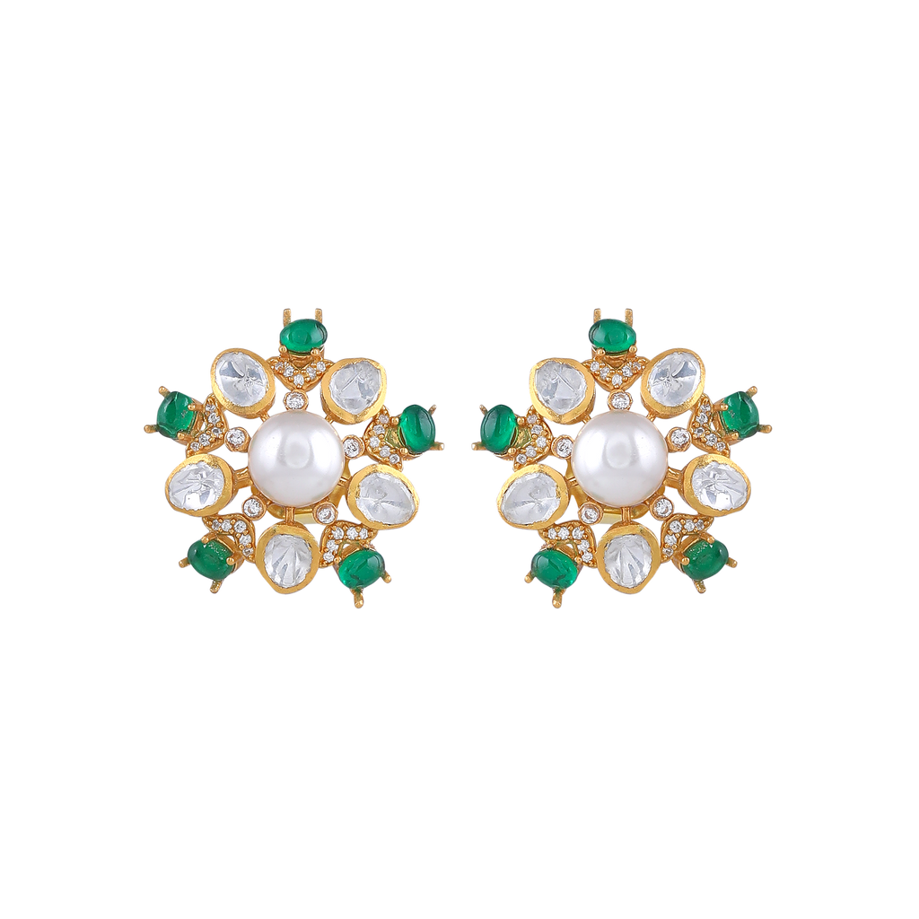 Gold Plated Silver Pearl Floral Studs with Green Stones