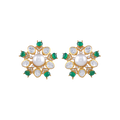 Gold Plated Silver Pearl Floral Studs with Green Stones