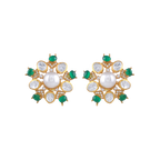 Gold Plated Silver Pearl Floral Studs with Green Stones