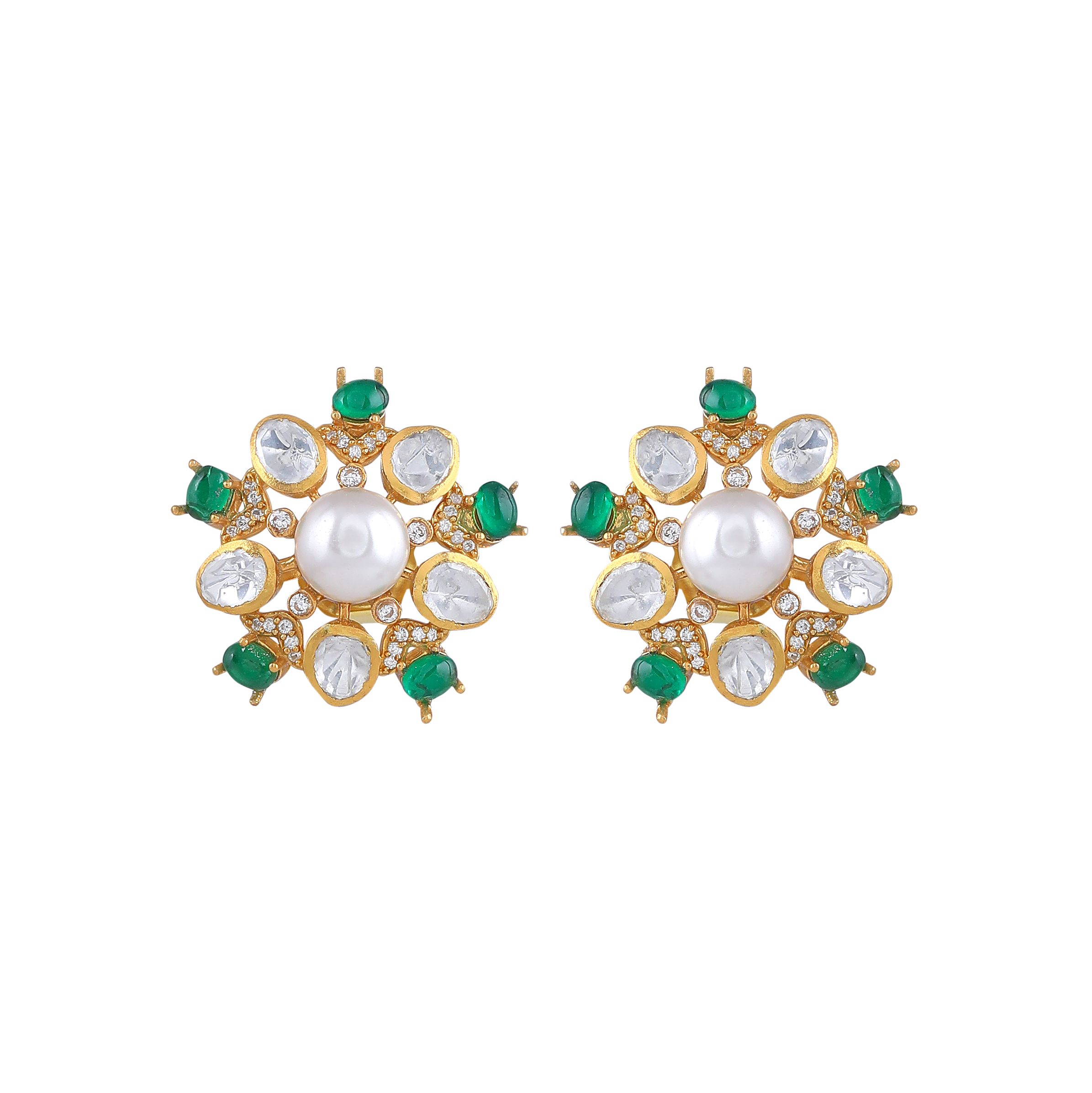 Gold Plated Silver Pearl Floral Studs with Green Stones