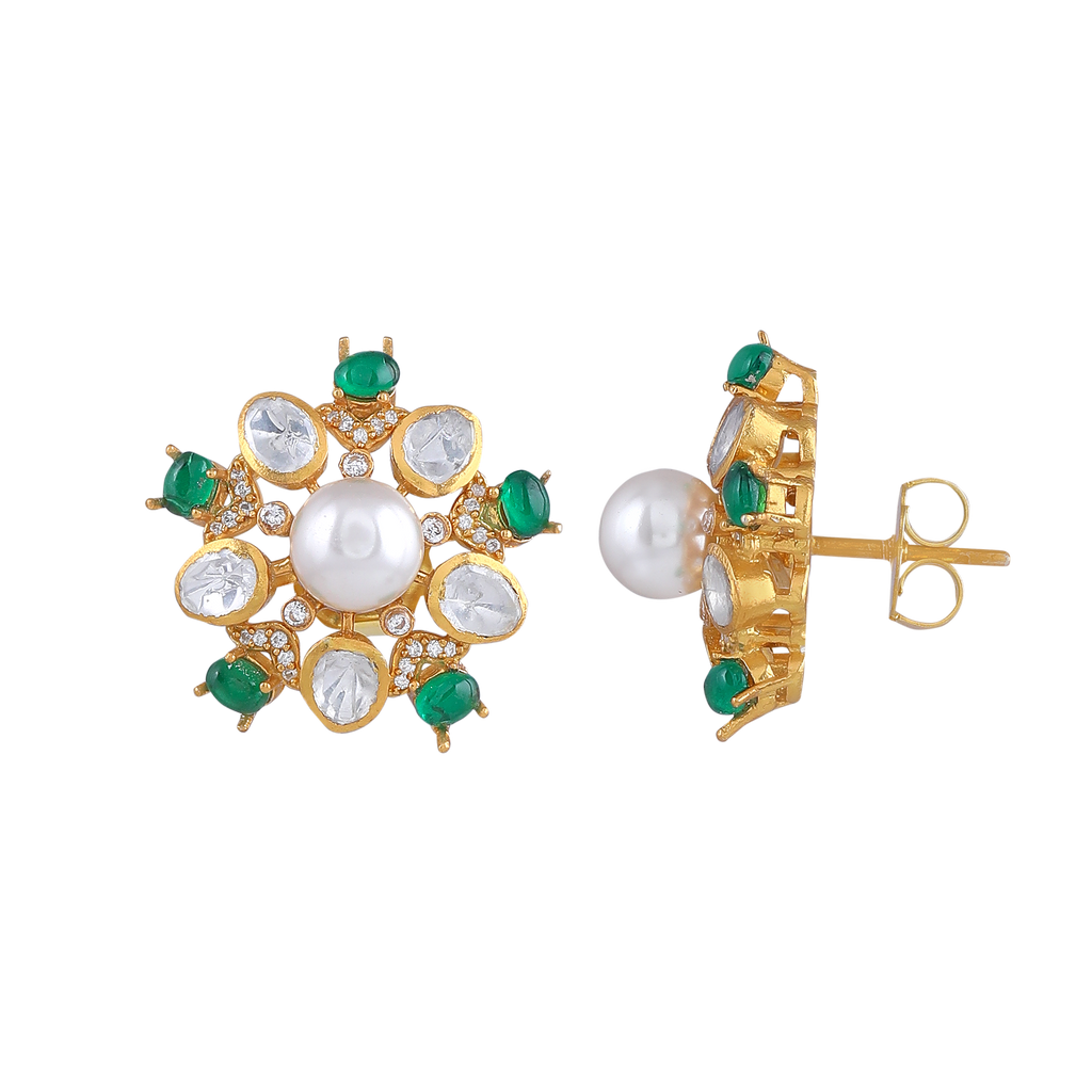 Gold Plated Silver Pearl Floral Studs with Green Stones