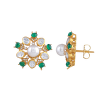 Gold Plated Silver Pearl Floral Studs with Green Stones