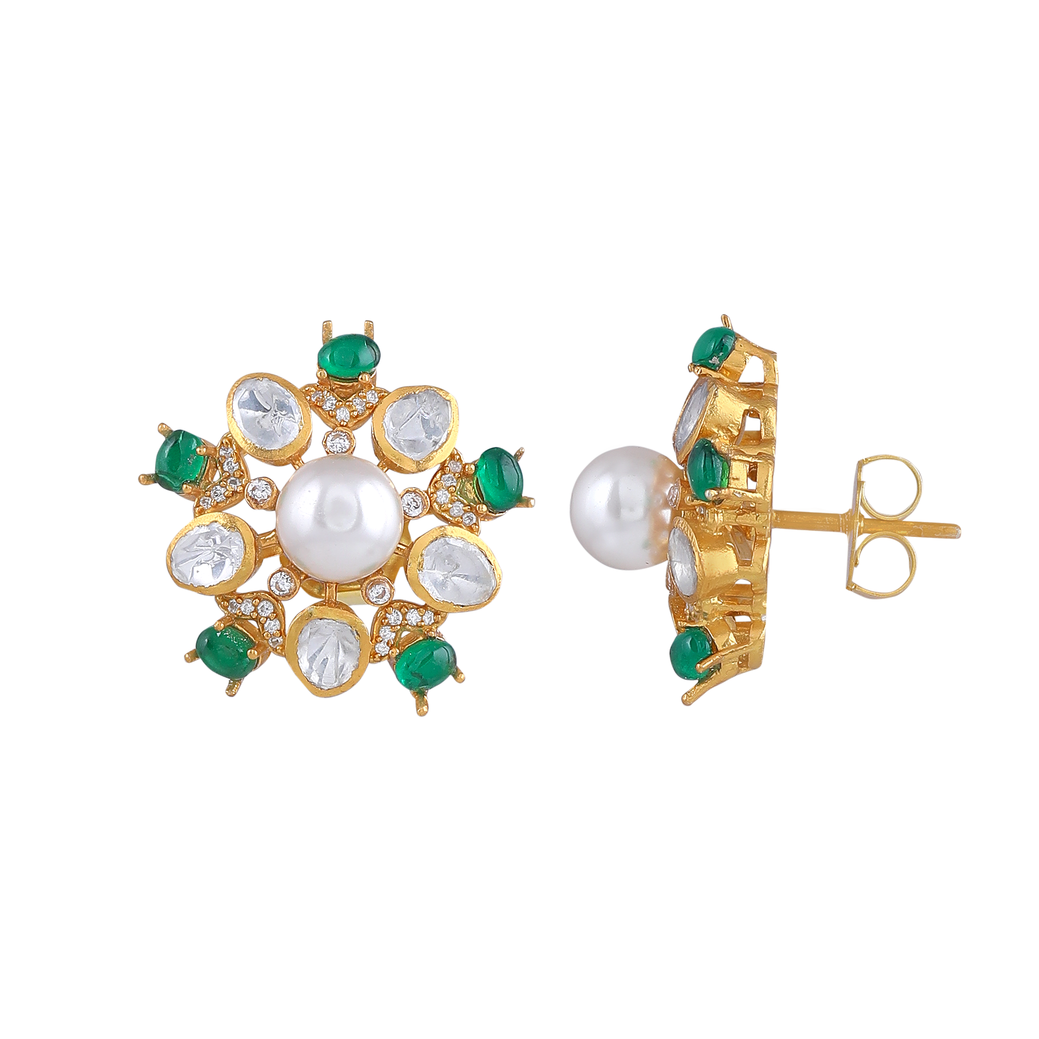 Gold Plated Silver Pearl Floral Studs with Green Stones