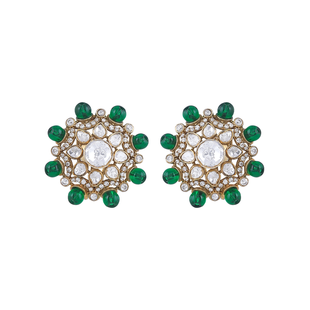 Green Bead Floral Halo Stud Earrings in 92.5 Silver