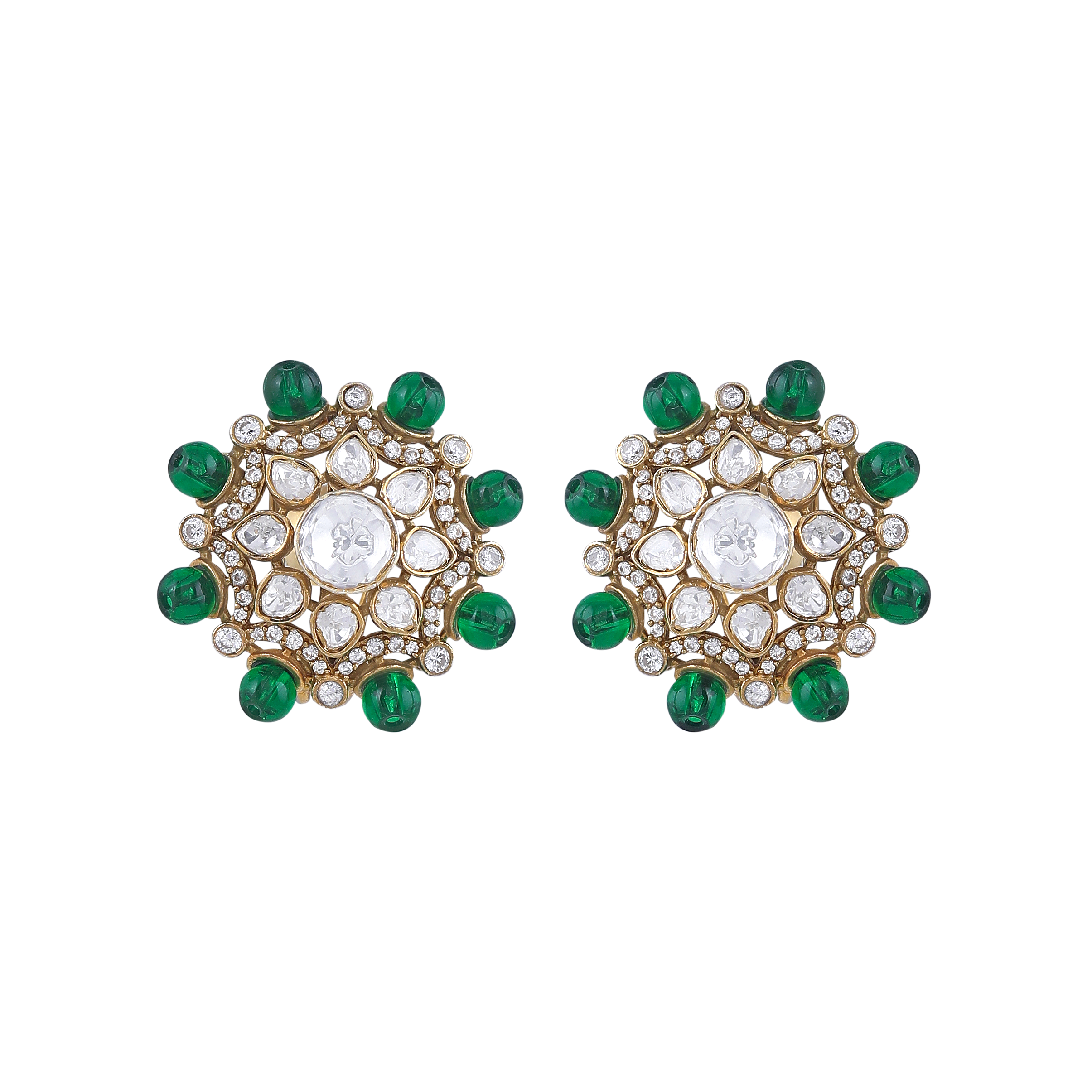 Green Bead Floral Halo Stud Earrings in 92.5 Silver