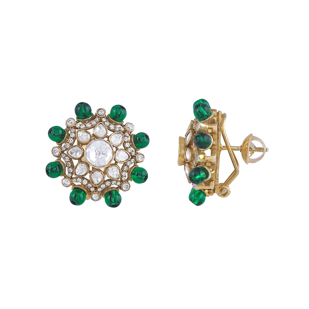 Green Bead Floral Halo Stud Earrings in 92.5 Silver