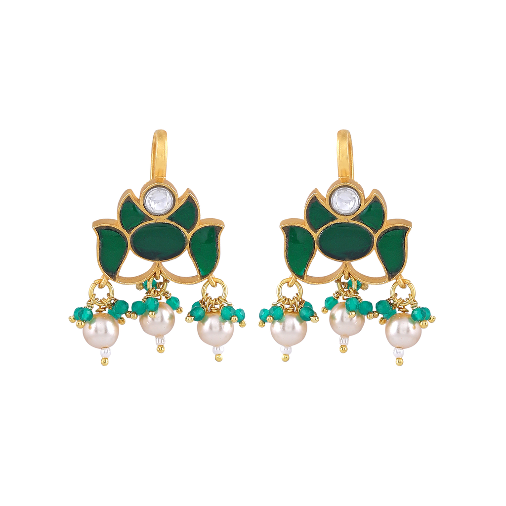 Silver Green Stone Lotus Pattern Earrings