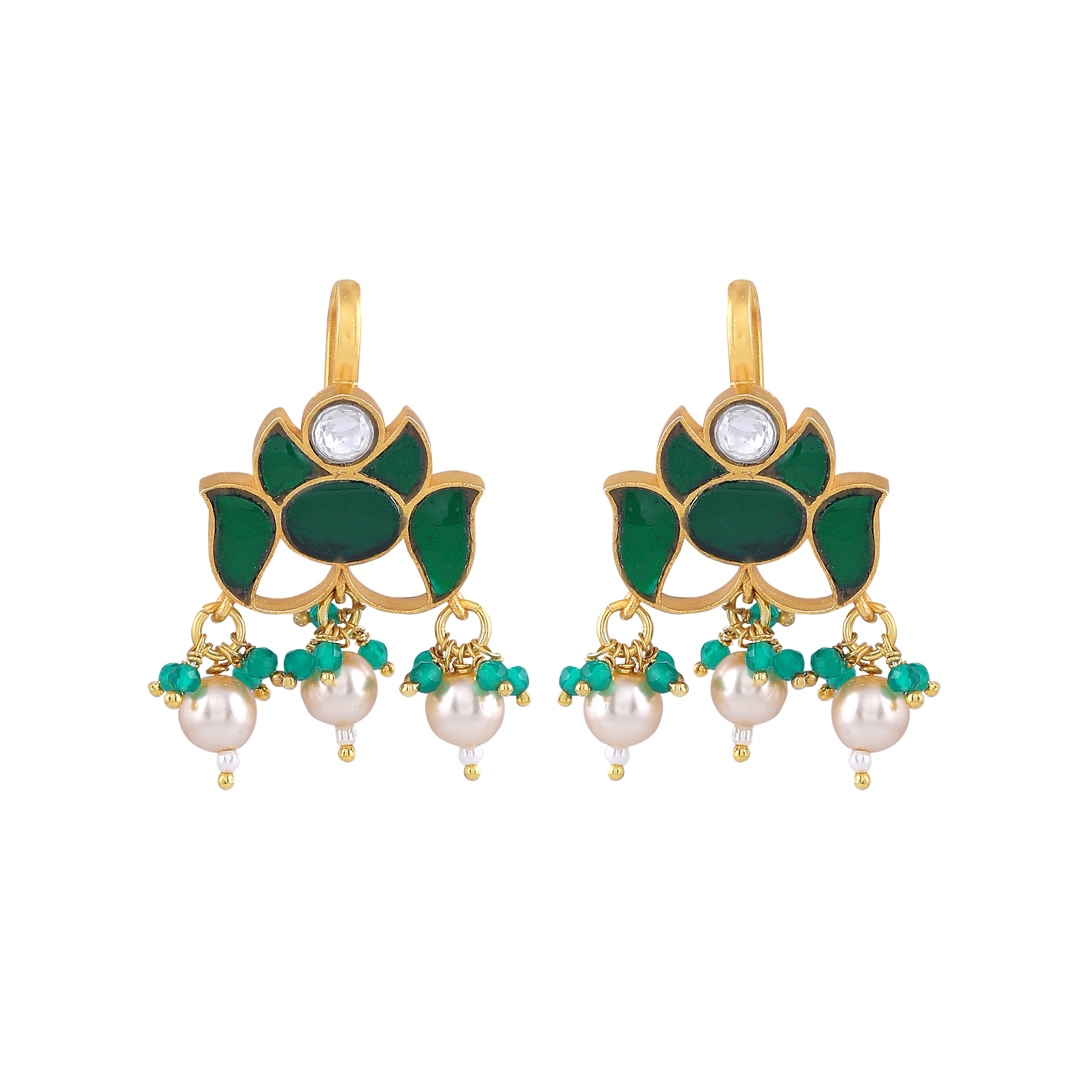 Silver Green Stone Lotus Pattern Earrings