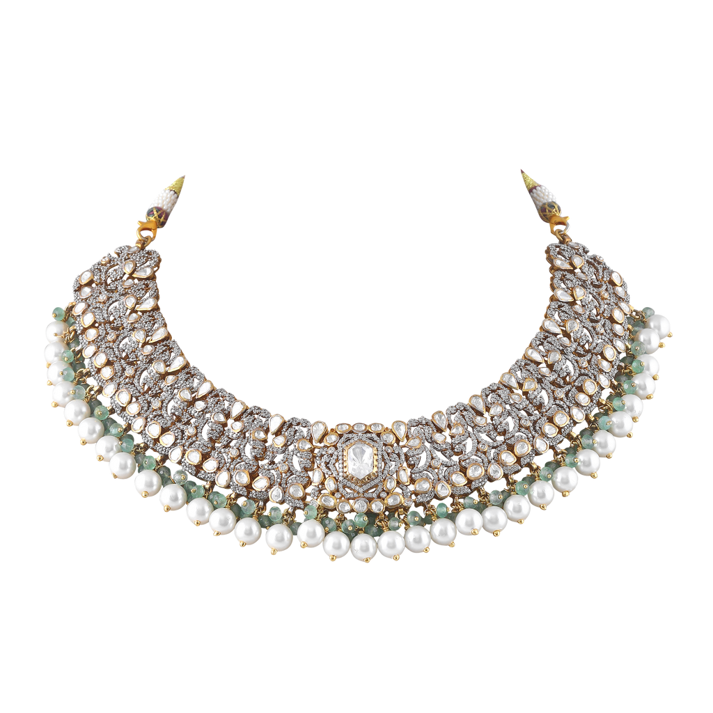 Silver Polki Pattern Short Necklace with Pearl Drops