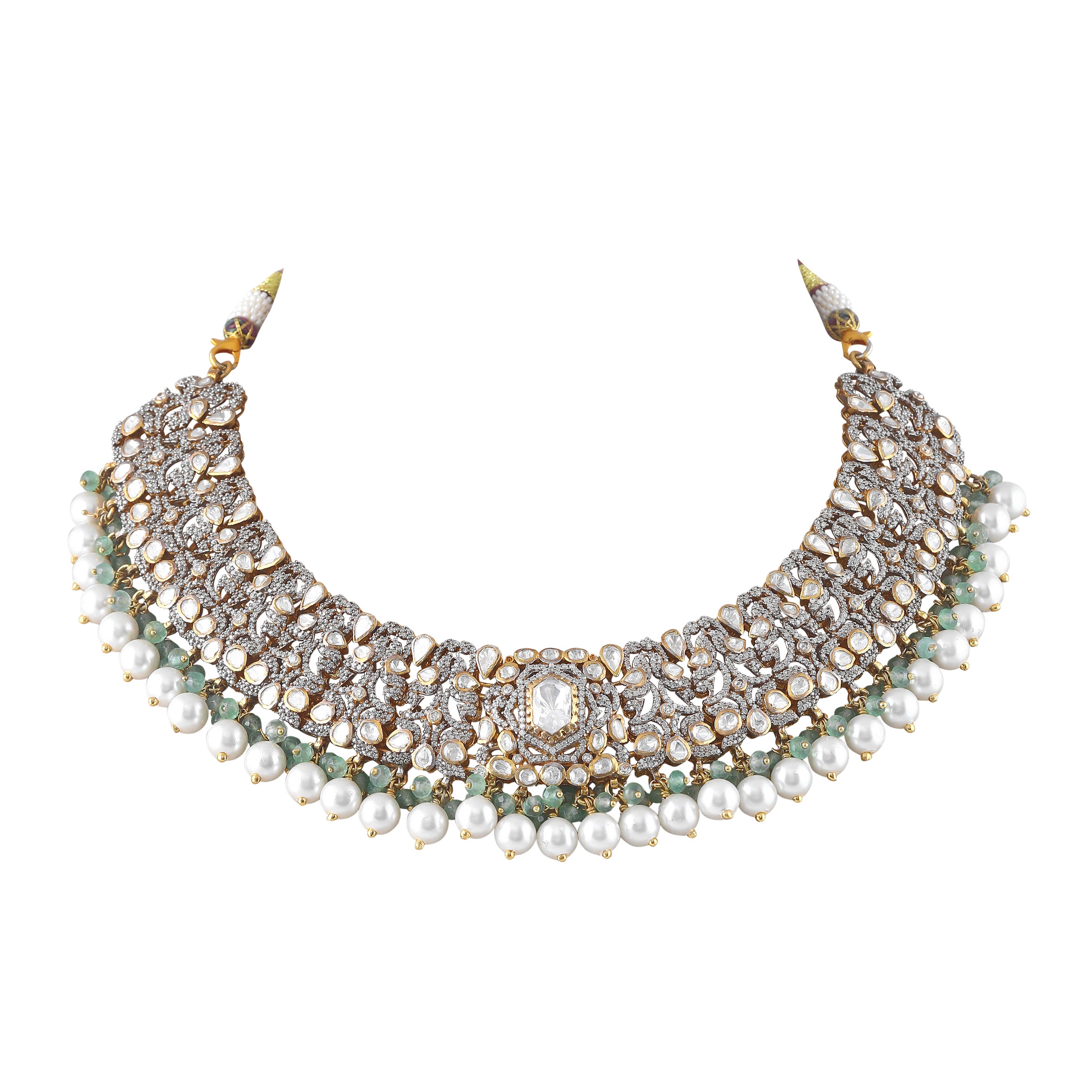 Silver Polki Pattern Short Necklace with Pearl Drops