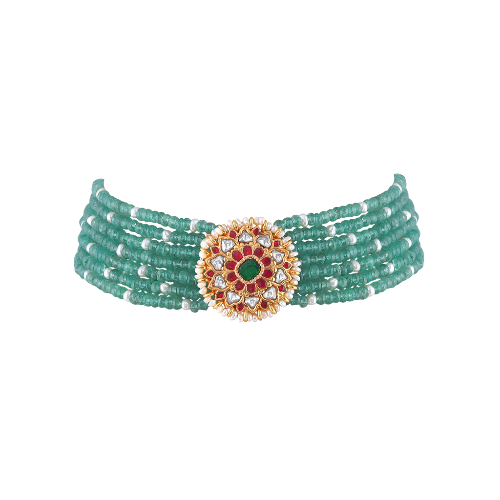 Silver Green Bead Choker Necklace With Kundan Pattern Pendant