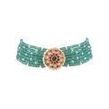Silver Green Bead Choker Necklace With Kundan Pattern Pendant