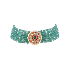 Silver Green Bead Choker Necklace With Kundan Pattern Pendant