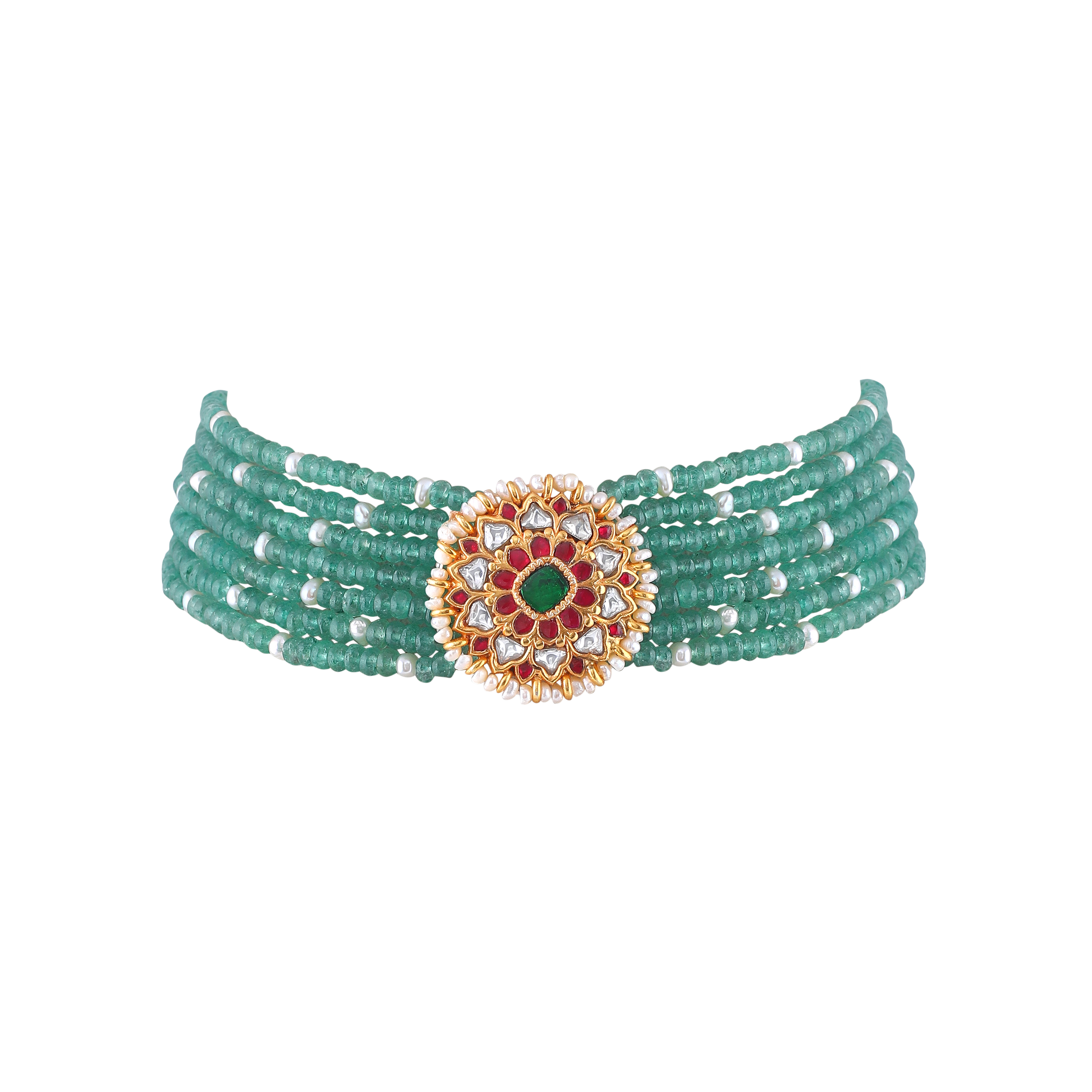 Silver Green Bead Choker Necklace With Kundan Pattern Pendant