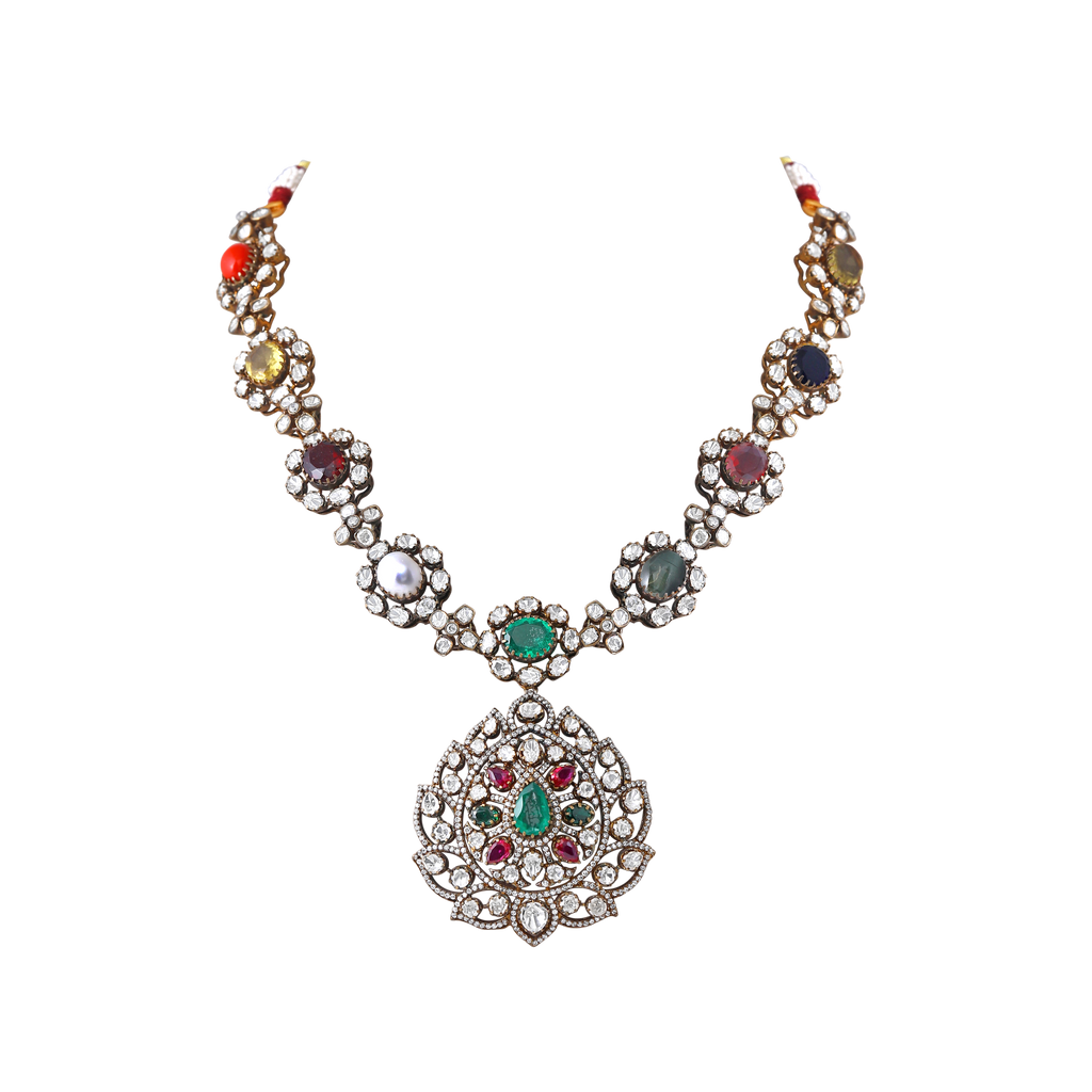 Silver Navaratna Polki Pattern Necklace with CZ Floral Medallion