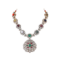 Silver Navaratna Polki Pattern Necklace with CZ Floral Medallion