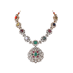 Silver Navaratna Polki Pattern Necklace with CZ Floral Medallion