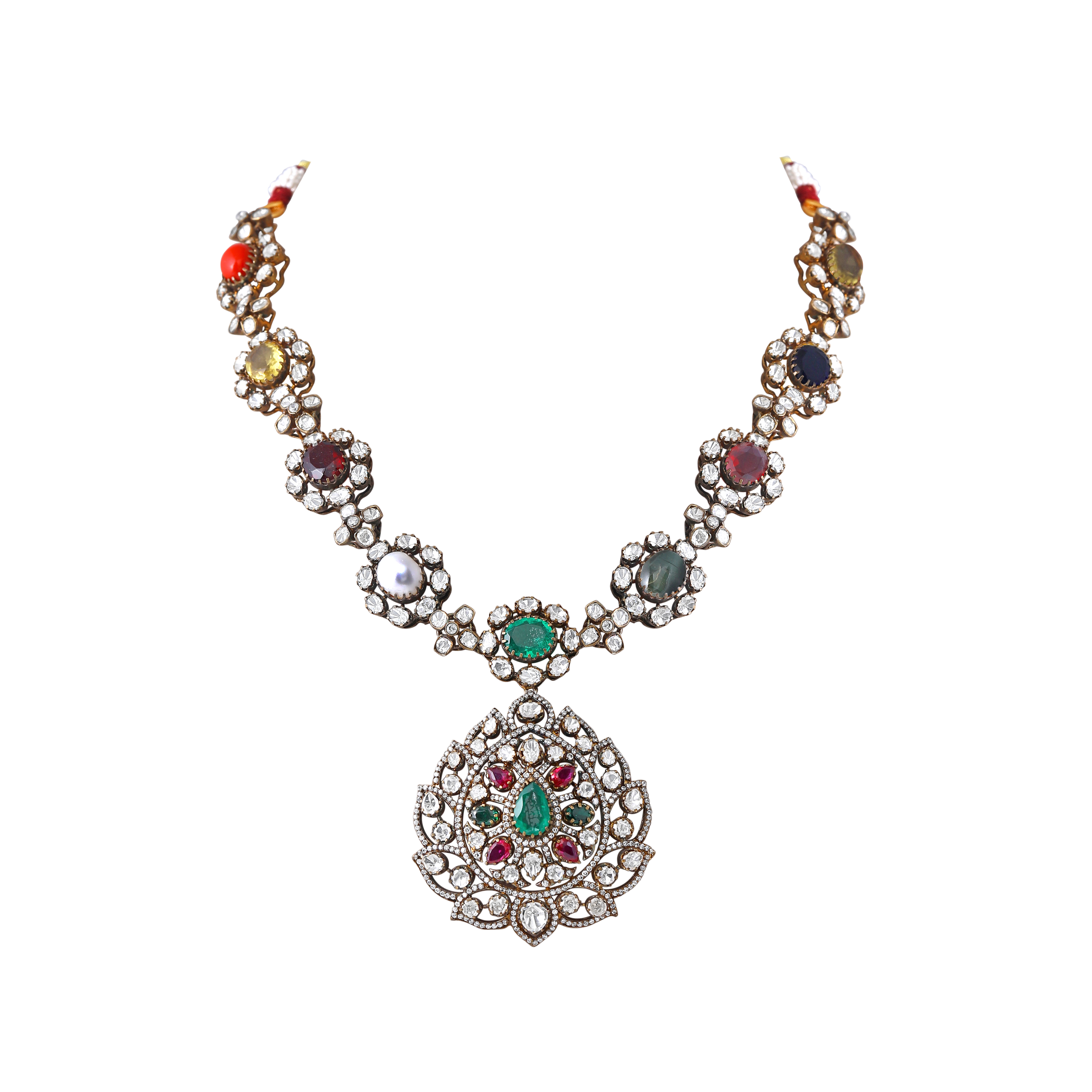 Silver Navaratna Polki Pattern Necklace with CZ Floral Medallion