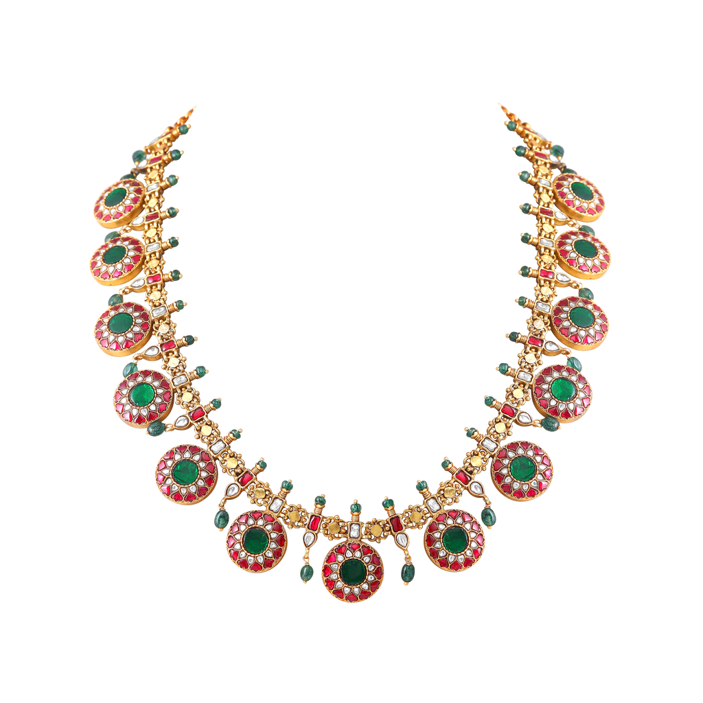 Silver Kundan Pattern Bottu Necklace with Green Beads