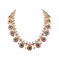 Silver Kundan Pattern Bottu Necklace with Green Beads
