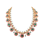 Silver Kundan Pattern Bottu Necklace with Green Beads