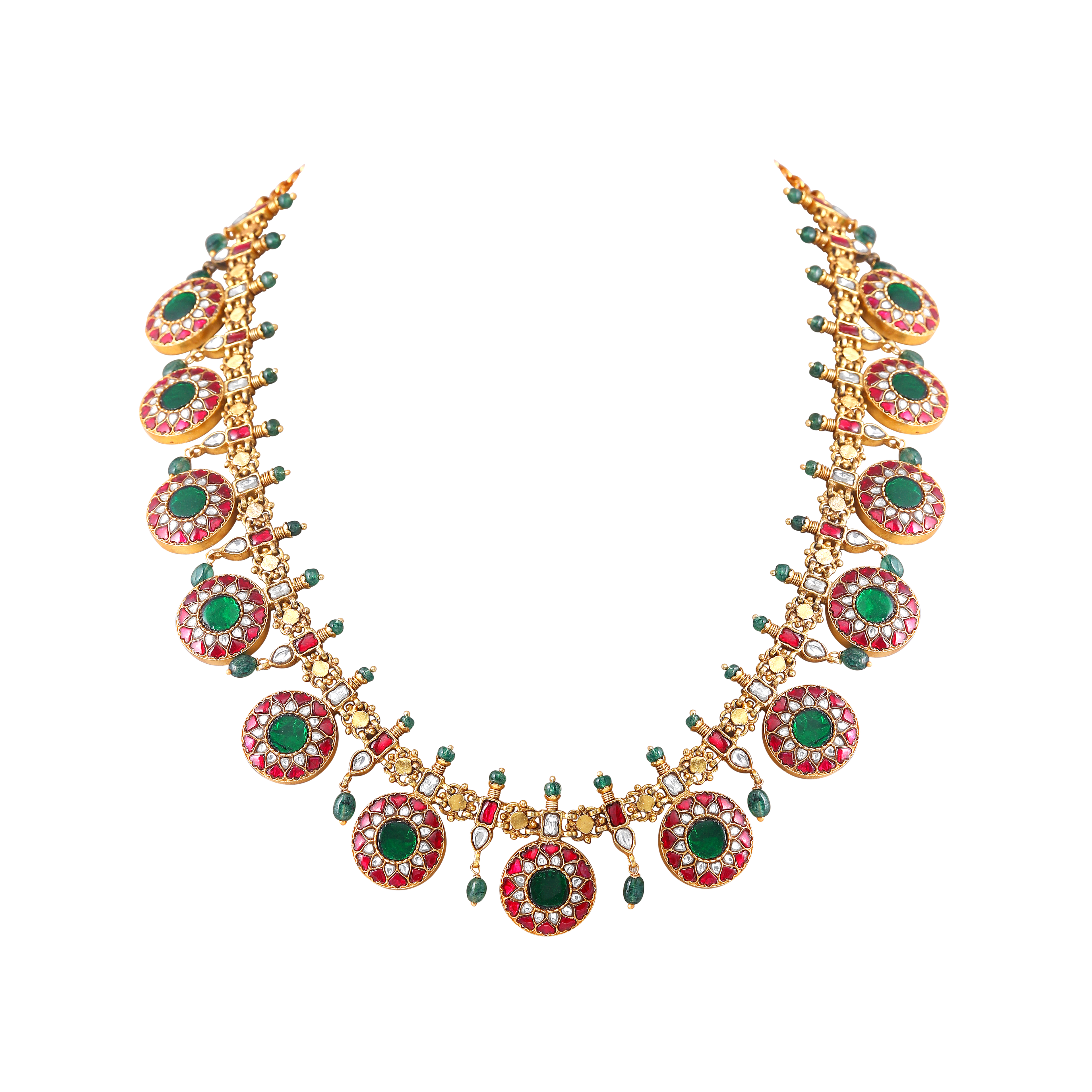 Silver Kundan Pattern Bottu Necklace with Green Beads