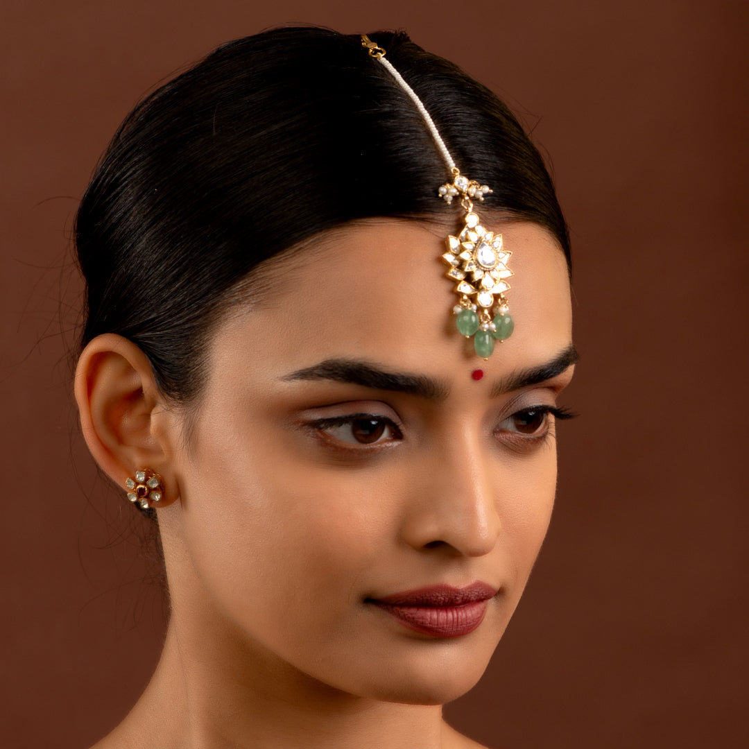 Silver Maang Tikka with Pearls and Green Beads