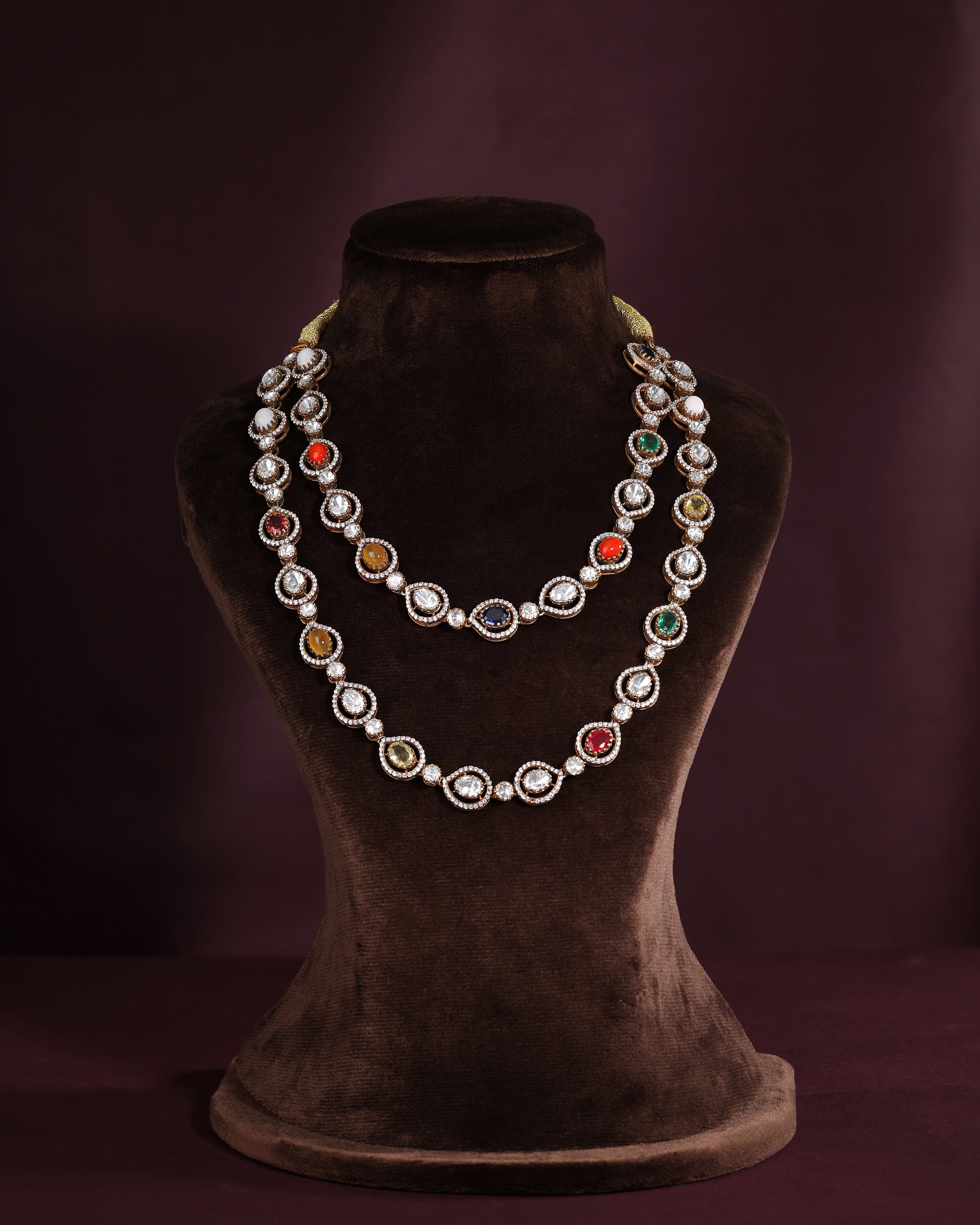 Regal Navratan Design Silver Double-Layered Necklace