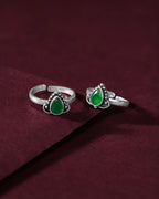 Oxidized Silver Green Stone Teardrop Toe Rings