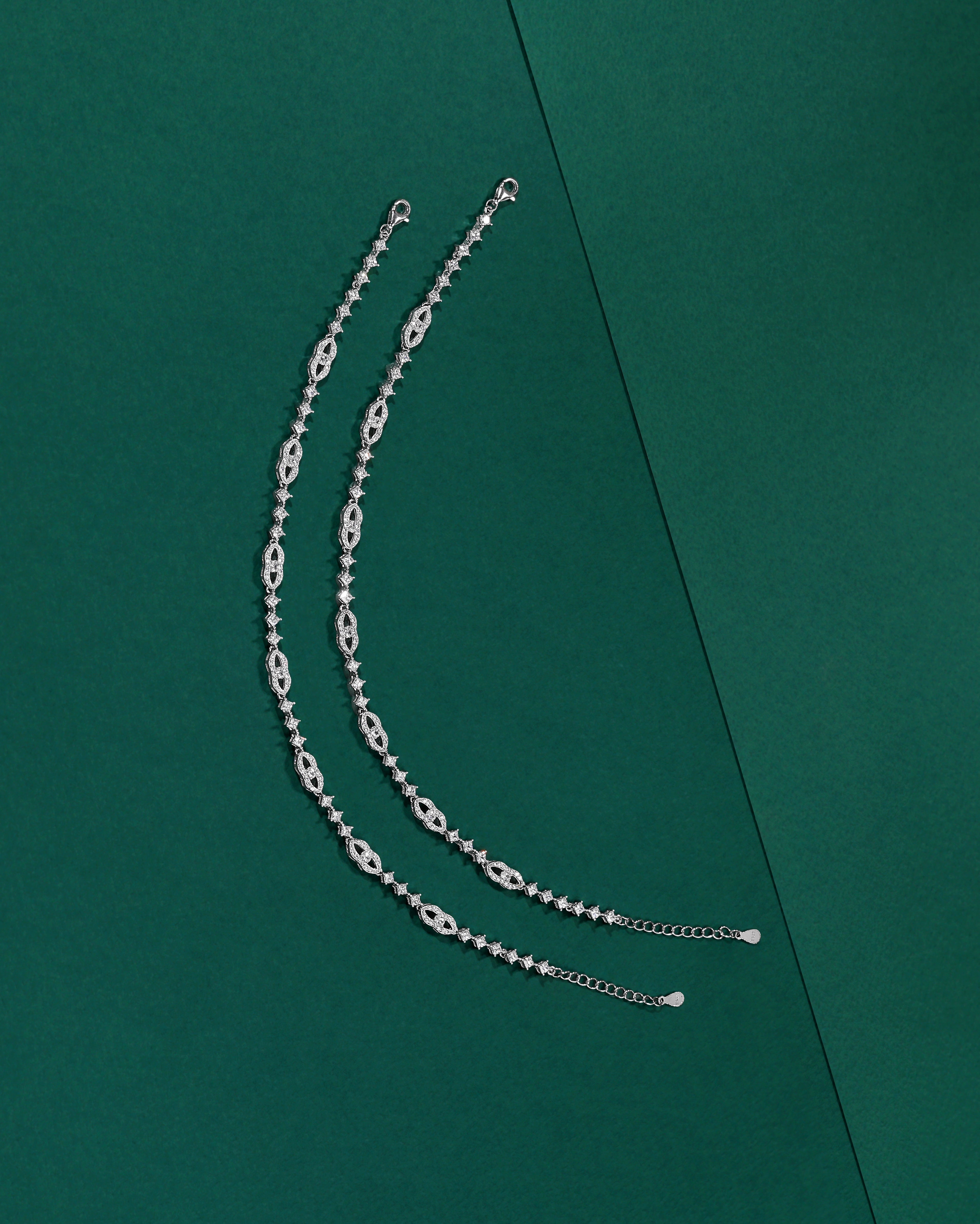 Silver Interlocking Link Anklets with Brilliant CZ