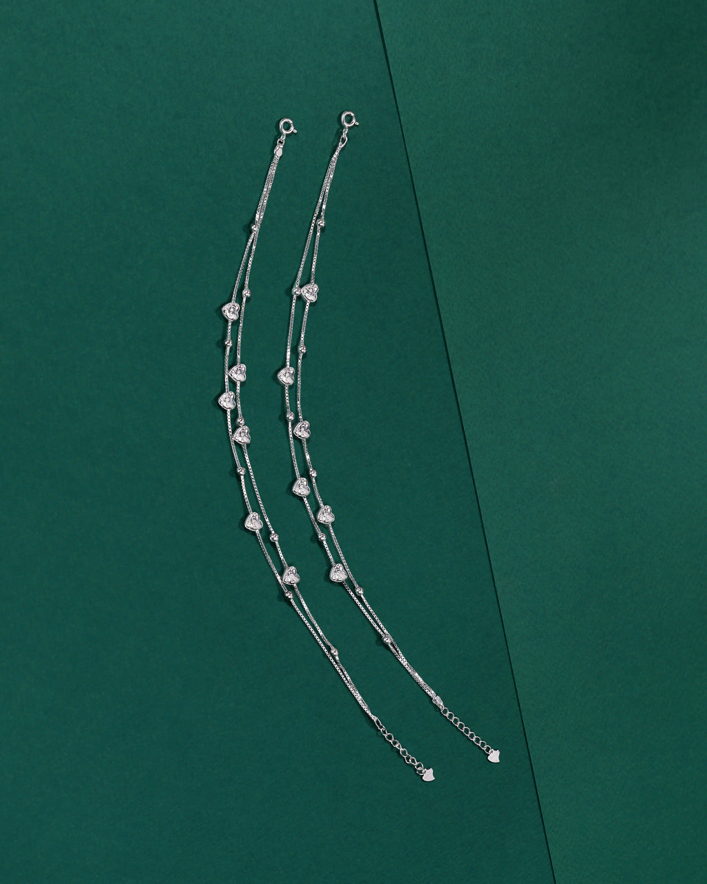 Silver Heart-Dangle Double Layer Anklets