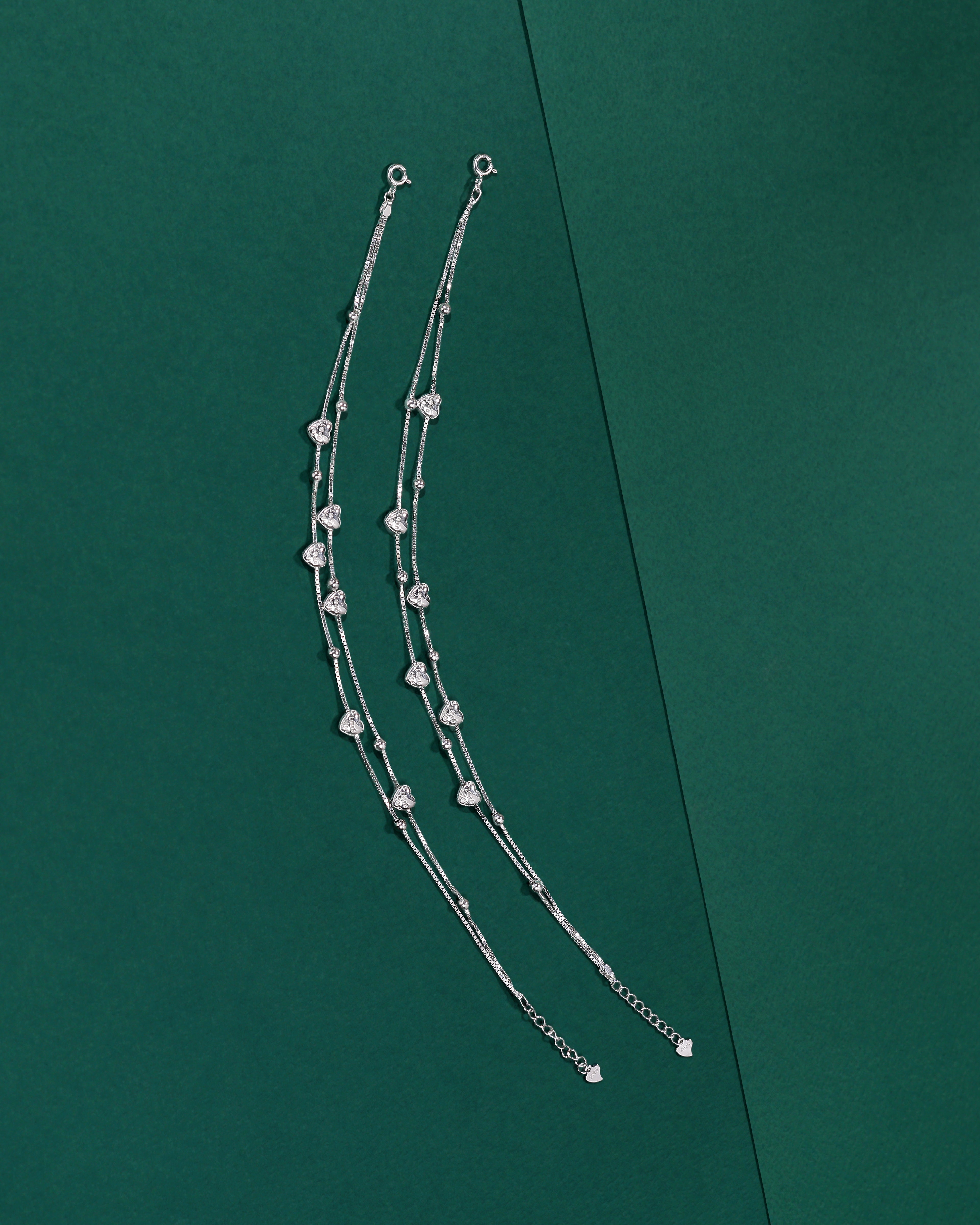Silver Heart-Dangle Double Layer Anklets