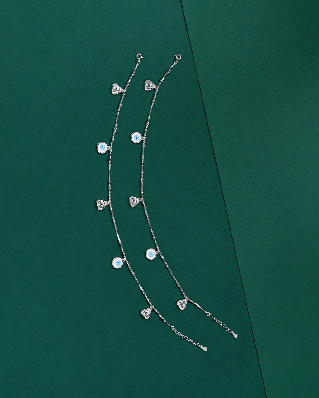 Silver Evil Eye Anklet Pair with Sparkling CZ Accents