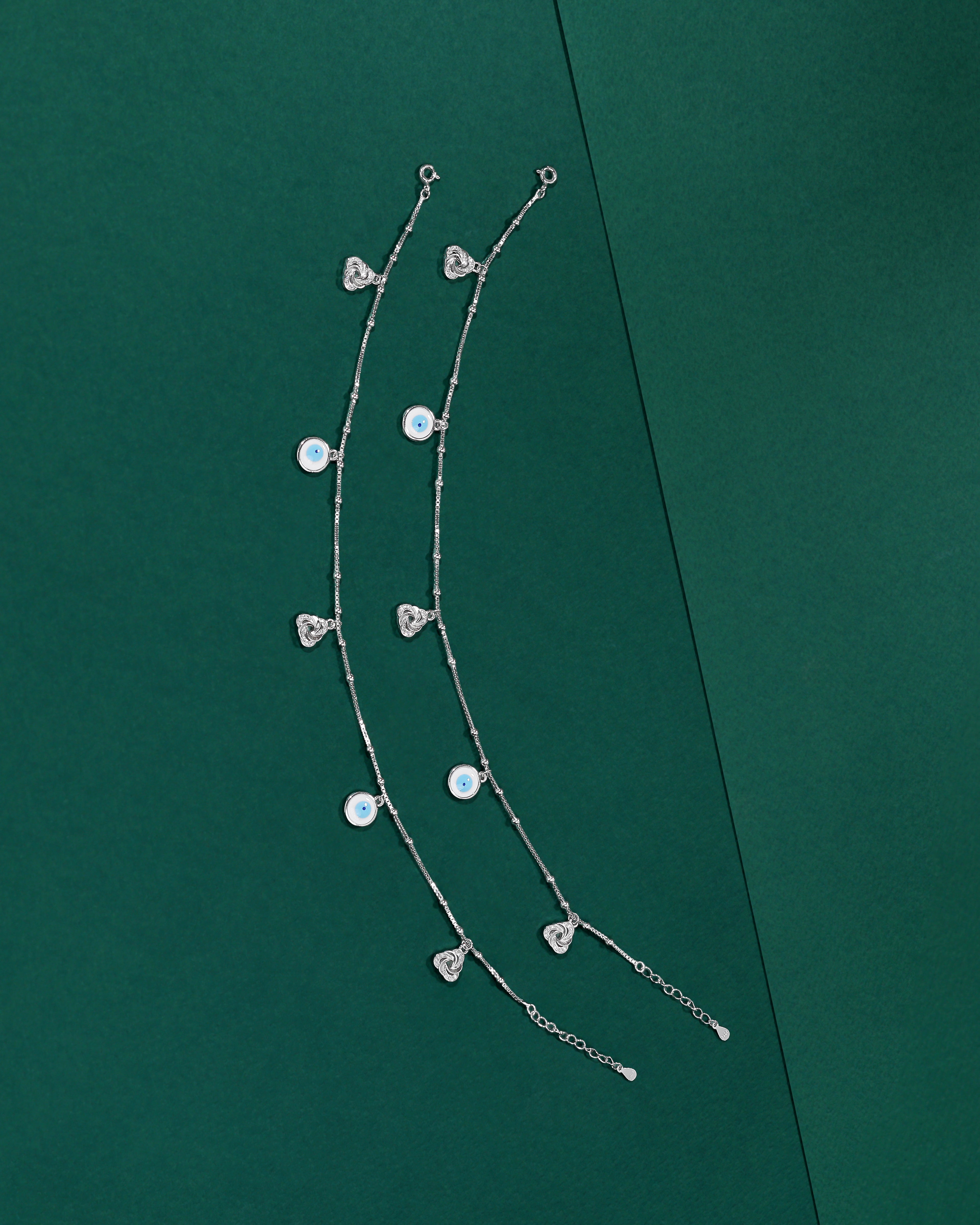 Silver Evil Eye Anklet Pair with Sparkling CZ Accents