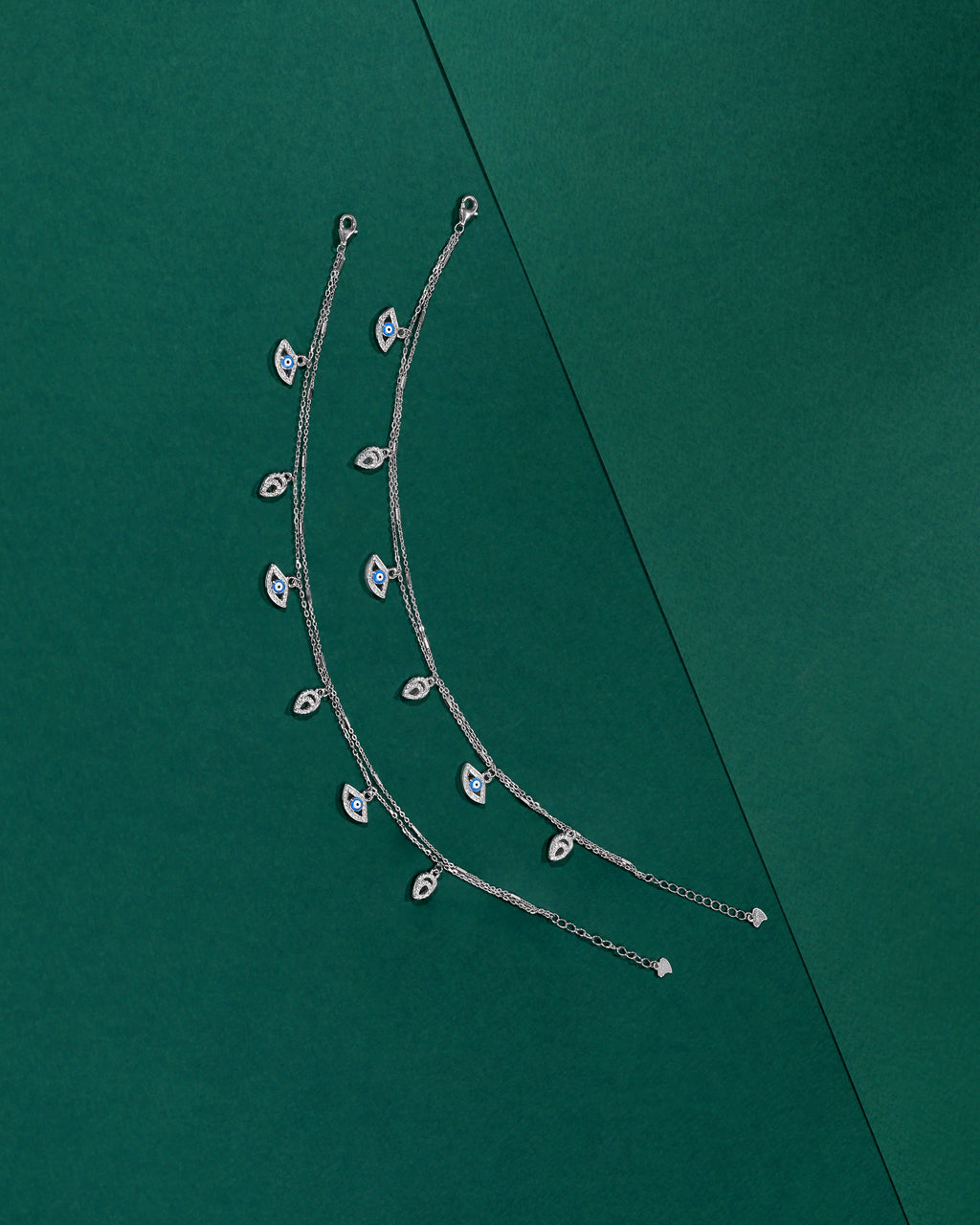 Silver Double Layer Evil Eye & CZ Leaf Anklets