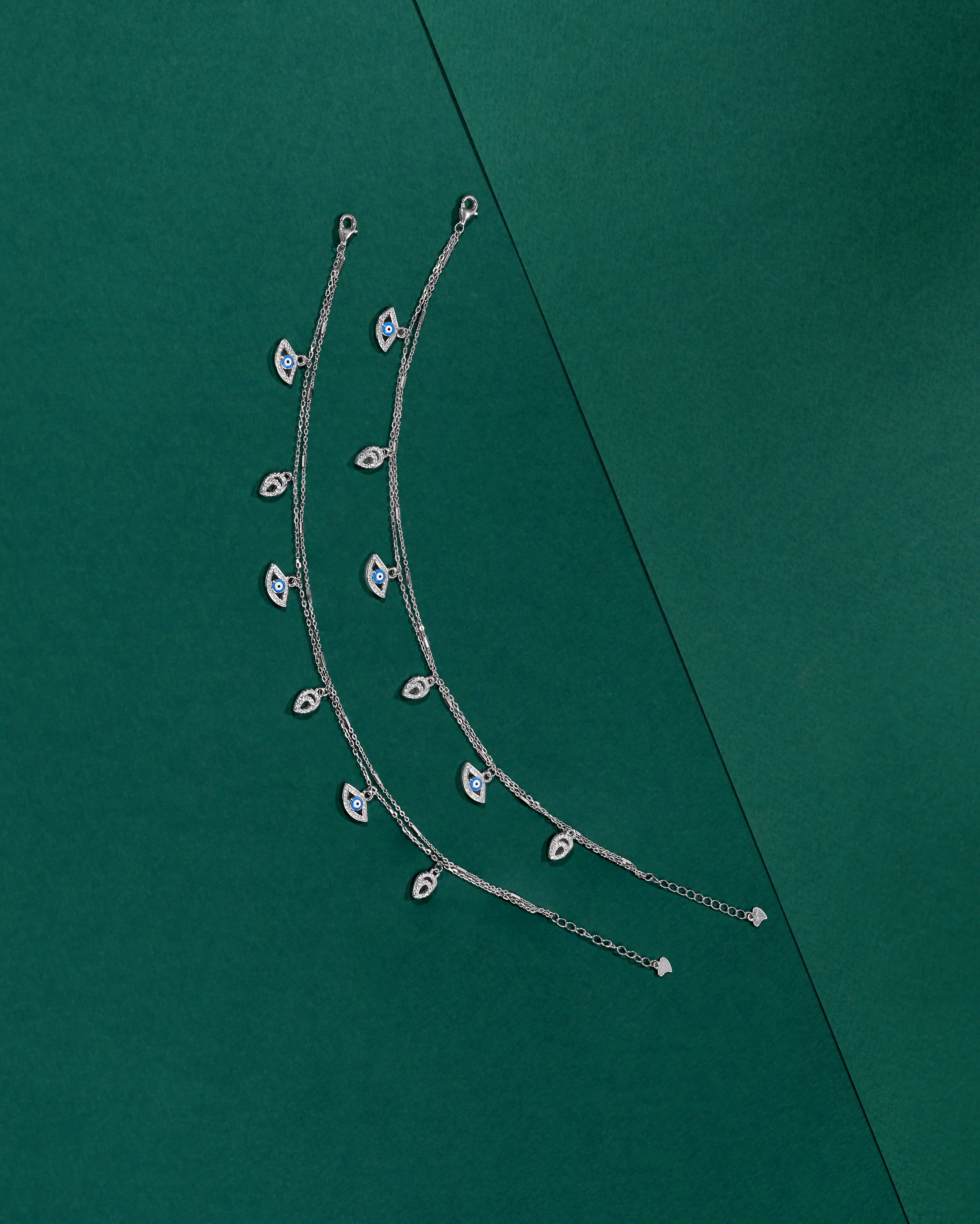 Silver Double Layer Evil Eye & CZ Leaf Anklets