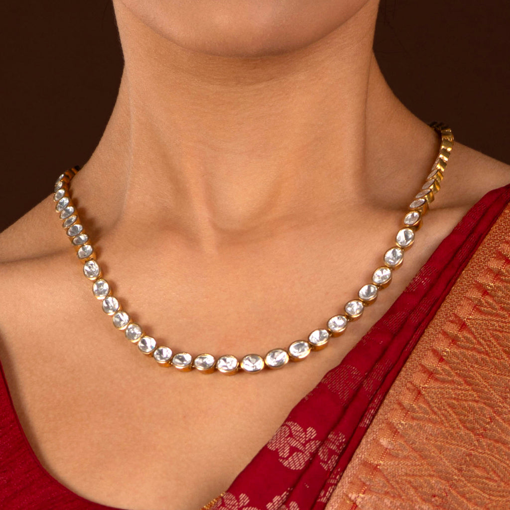 Silver Single Layer CZ Polki-Style Necklace