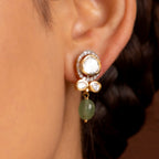 Polki-Style Silver CZ Halo Earrings with Green Droplets