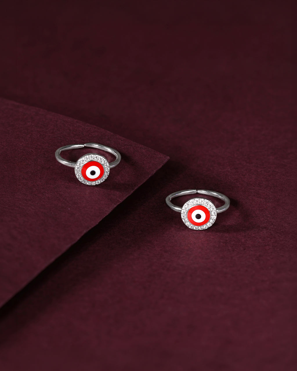 Silver Red Evil Eye Toe Rings with CZ Halo