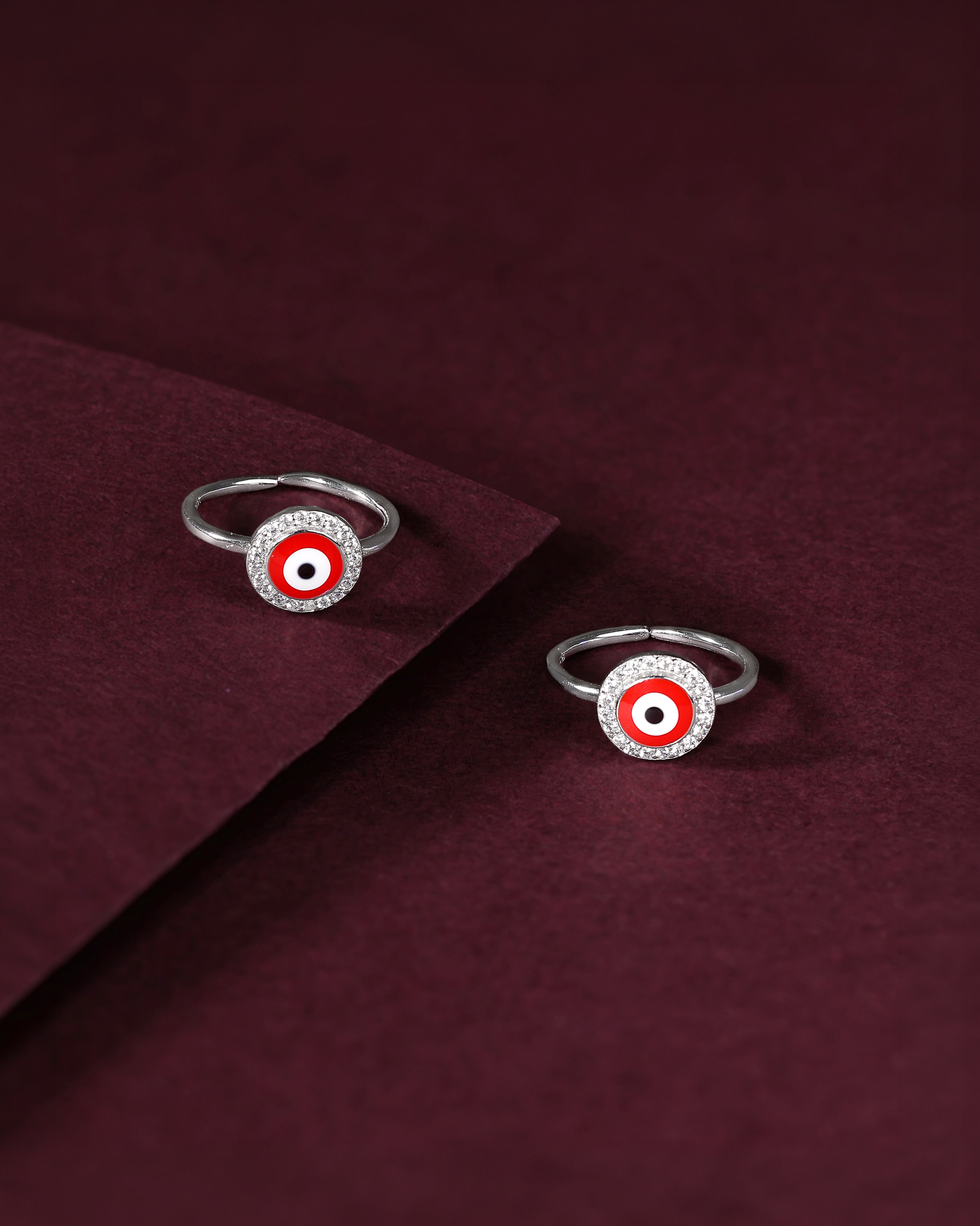 Silver Red Evil Eye Toe Rings with CZ Halo