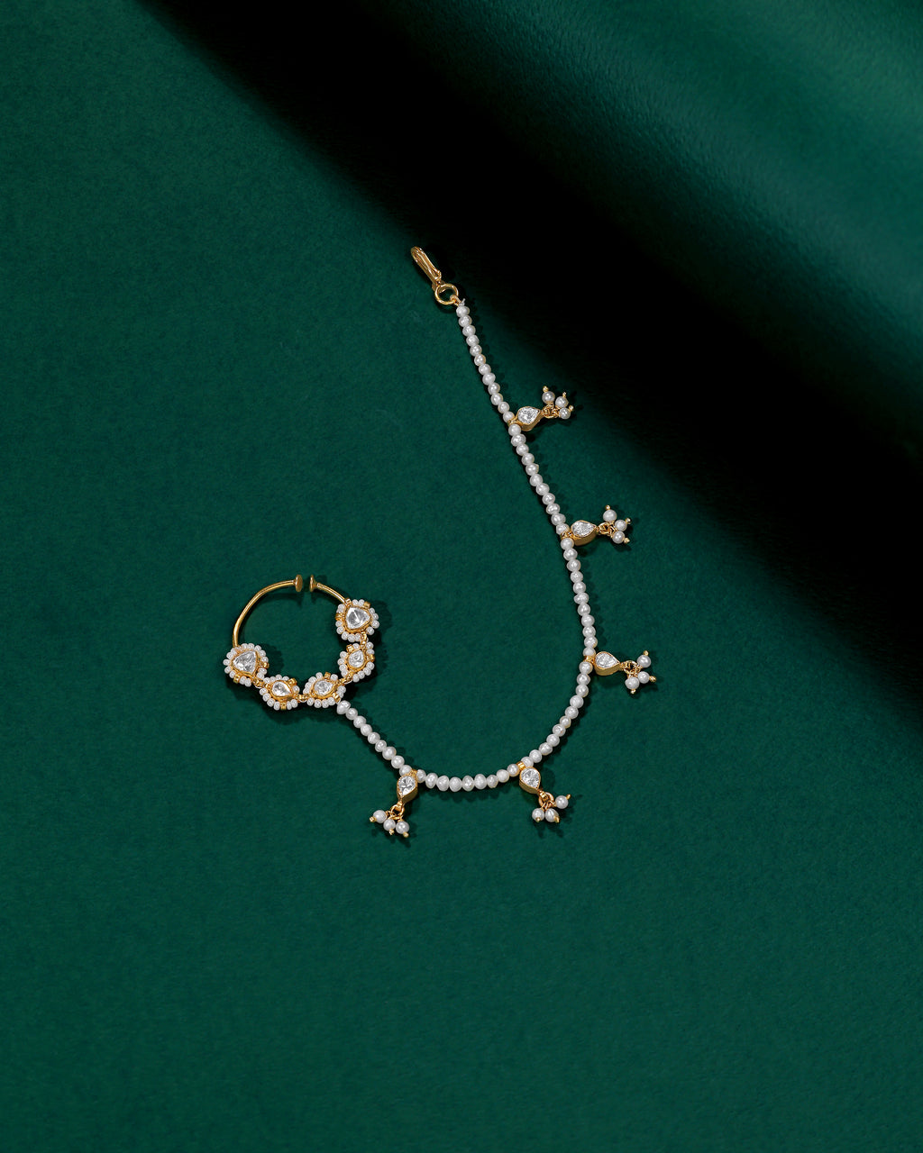 Silver Polki Pattern Nath with Pearl Sahare Chain