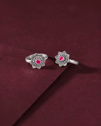 Pure 92.5 Silver Lotus-Bloom Toe Rings with Red Centre Stone